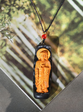 沉香木雕刻阿弥陀佛镶嵌黄杨木背面刻字文玩吊坠项链挂件车挂件