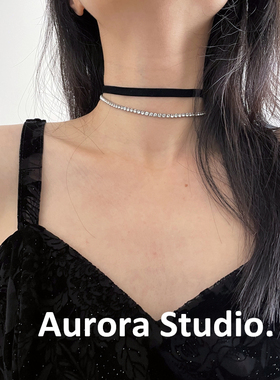 双层女弹力丝绒钛钢choker项圈