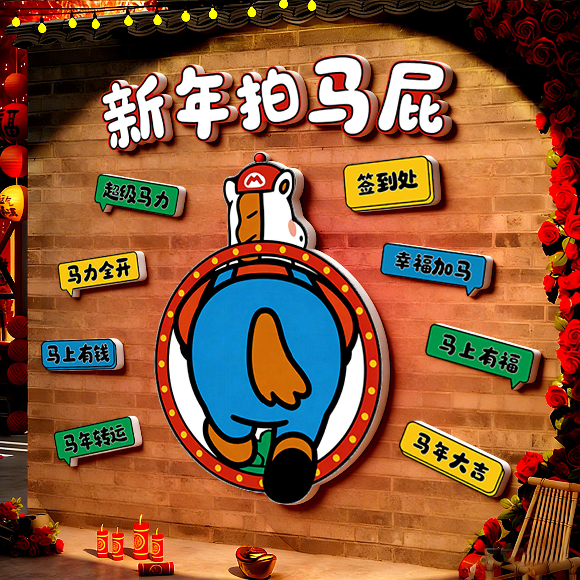 拍马屁打卡墙2026新年氛围布置装饰品快乐贴纸过春节网红小院造景,淘宝优惠券,粉丝福利购,淘宝优惠卷