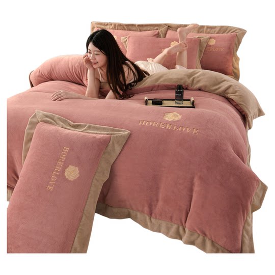 轻奢加厚牛奶绒床上四件套冬季珊瑚绒法式双面加绒刺绣被套床单款