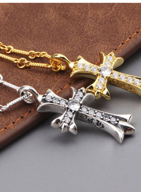 s925纯银饰日韩镶嵌锆石头镀金十字架项链吊坠情侣森系锁骨链现货