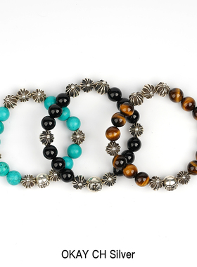 罗心潮流10mm八银珠黑曜石虎眼石绿石925纯银珠子手串手链