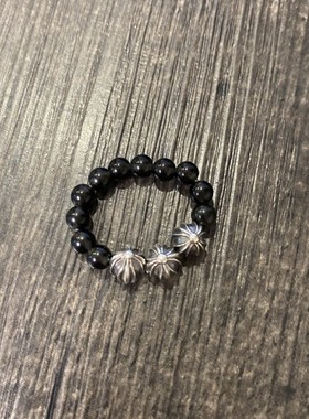 黑曜石绿松石蓝松石字母十字花925银珠 珠珠戒指 指环