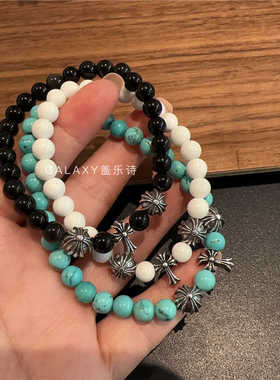 S925纯银天然8mm黑曜石白贝壳十字架转运花珠韩笑同款男女手链