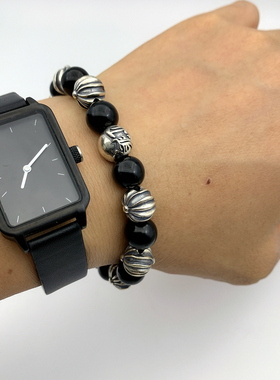 高版本CH天然黑曜石十银珠手版92