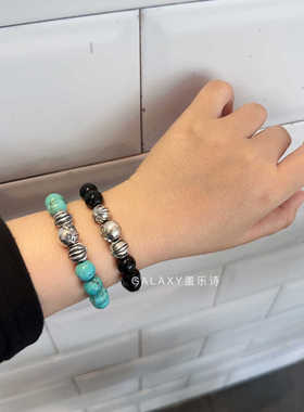 s925纯银10mm天然黑曜石绿松石多银珠十字花时尚潮流男女手串手链