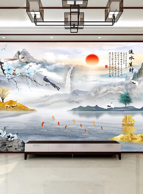 新款水墨山水风景画墙贴画自粘客厅装饰画电视沙发背景墙壁画定制
