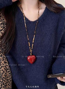 红色镂空花朵爱心项链女春夏2025新款韩系卫衣链时尚高级感毛衣链