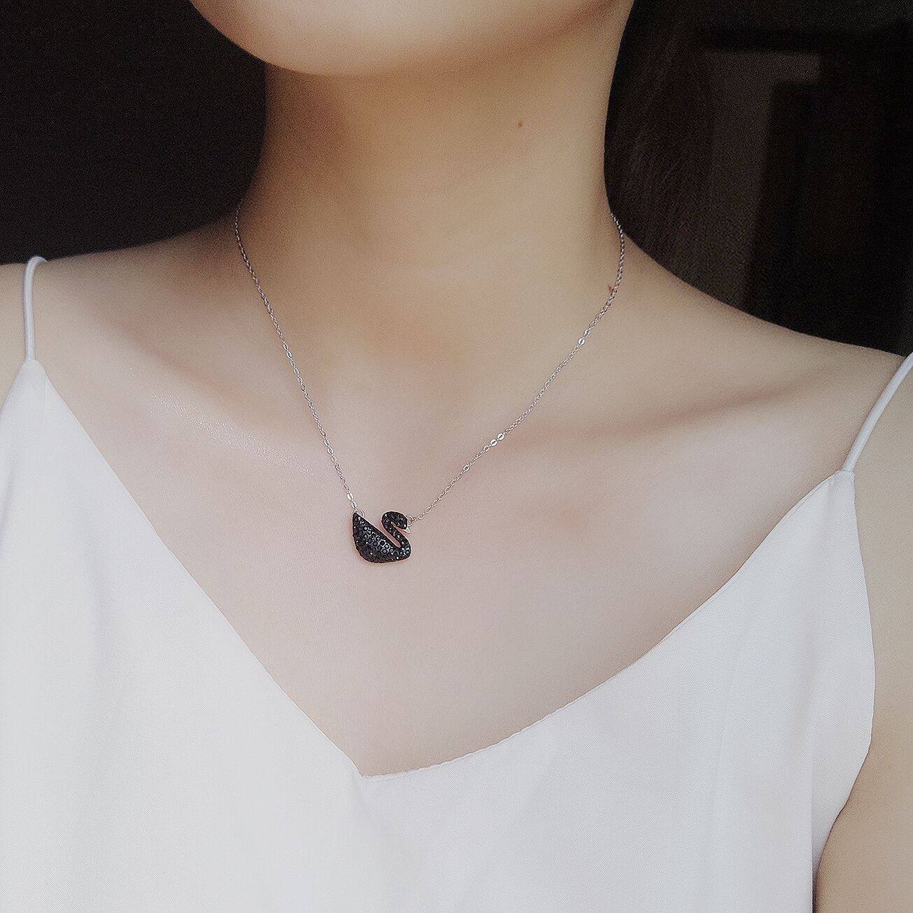 s925黑天鹅大小天鹅满钻封底银项链 帛印饰品项链