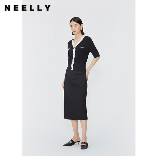 NEELLY纳俪商场同款夏季新款黑色西装半身裙女中长款时尚通勤长裙 - 图0