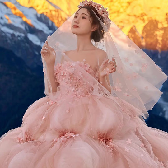 新娘粉色花朵头纱花瓣婚纱摄影头饰长蓬蓬纱森系结婚晨袍拍照道具