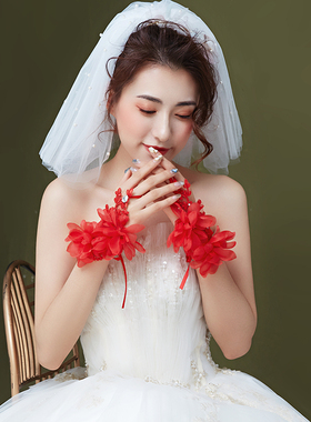 结婚手套新娘白色婚纱礼服红色