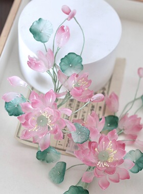 原创 菡萏 荷花琉璃簪花软杆仙气发夹百搭汉服配饰古风发饰