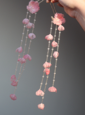原创 折枝寄春 真丝烫花蝴蝶桃花流苏发饰头饰仙气绢纱花朵汉服