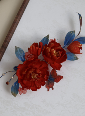 原创 牡丹亭 真丝烫花红色牡丹花软杆簪花发饰汉服古风头饰配饰
