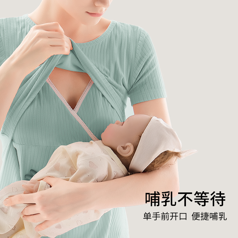 摩登孕妈哺乳上衣产后夏季薄款短袖t恤打底喂奶半袖外穿睡衣套装 - 图1