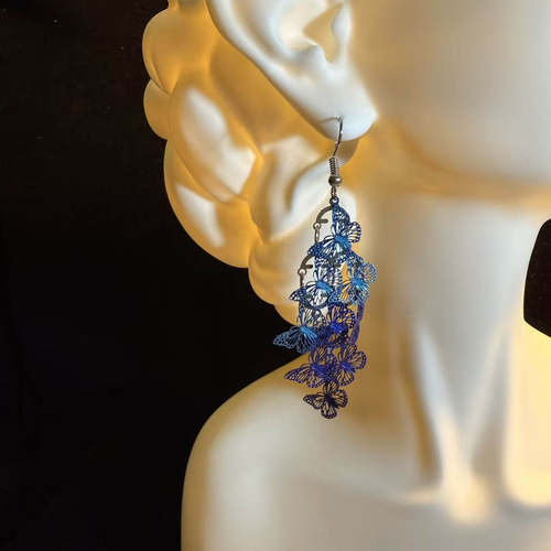 开花的橄榄 Vintage古着 Artistic Butterfly蓝色蝴蝶耳环 耳饰 - 图0
