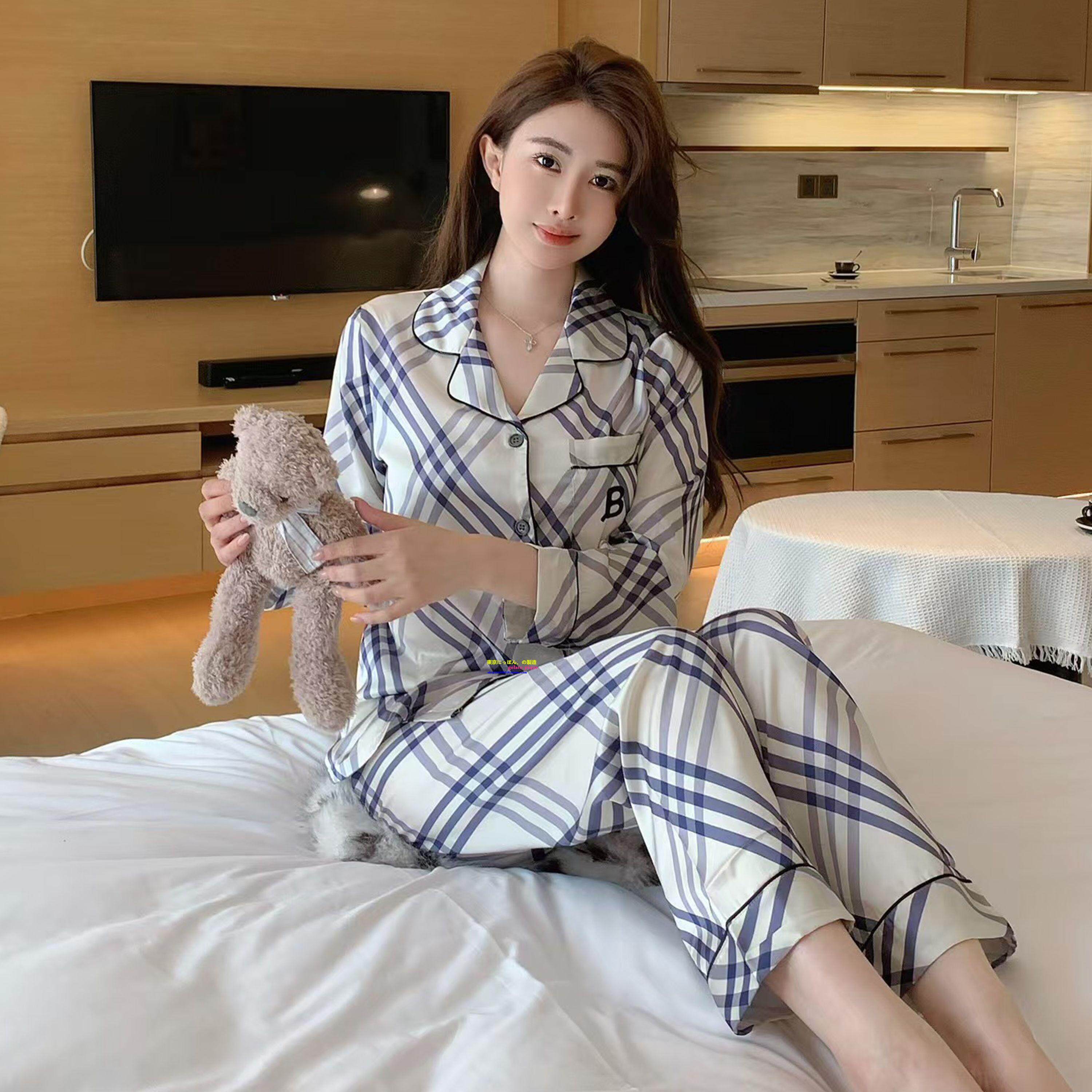 日本GP春秋冬新款真丝睡衣女简约高级感条纹蓝白格子宽松家居服套