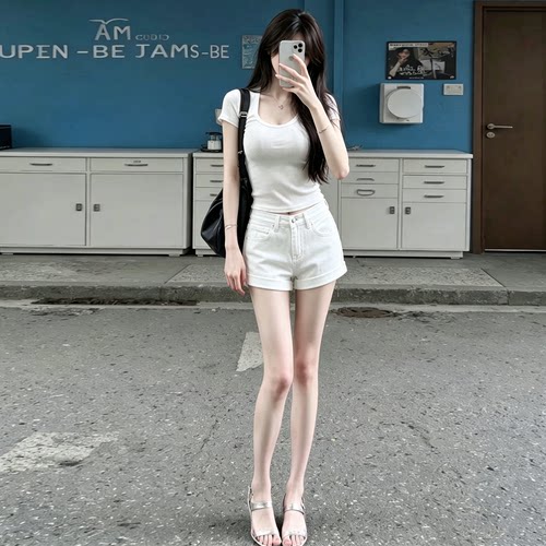 白色弹力牛仔短裤女2026夏季韩版宽松显瘦辣妹卷边a字阔腿热裤子 - 图3