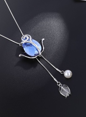 韩版秋冬蓝玫瑰毛衣链轻奢高级感百搭个性潮流毛衣链长款项链饰品