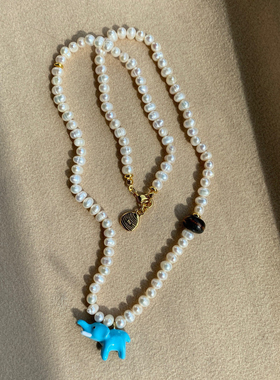 淡蓝色小象天然淡水珍珠项链精致短款大象毛衣链颈链锁骨链首饰品