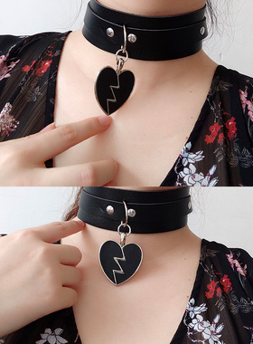 项链朋克酒吧闪电桃心pu皮质