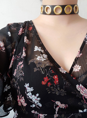 欧美简约个性黑色pu皮女圆圈项圈