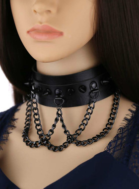 黑暗夸张PU皮铆钉街拍黑色项链