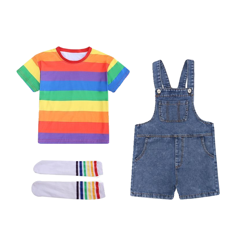 七彩短袖男女牛仔背带裤短糖果色演出服裙啦啦队表演儿童彩色t恤,淘宝优惠券,粉丝福利购,淘宝优惠卷