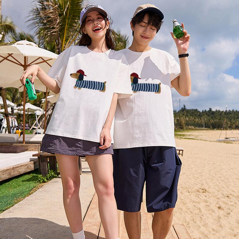 宽松腊肠狗印花T恤男女情侣夏季