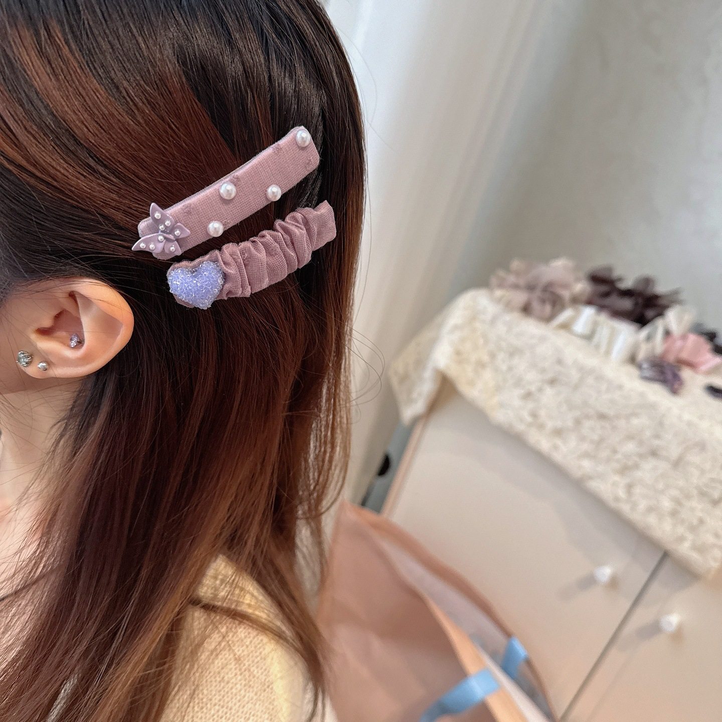 韩系甜美风蝴蝶爱心掰掰夹布艺褶皱珍珠BB夹可爱少女刘海夹侧边夹,淘宝优惠券,粉丝福利购,淘宝优惠卷