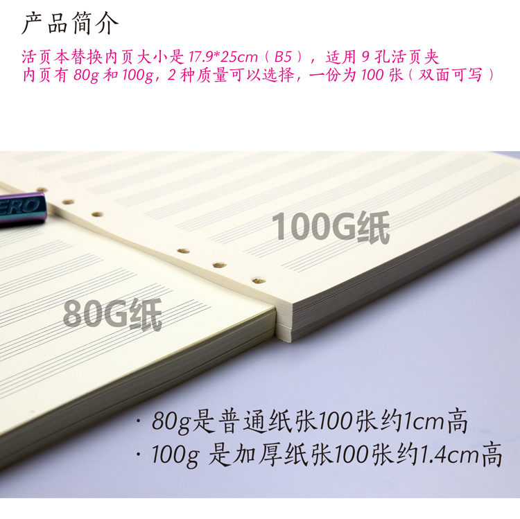 B5透明磨砂PP9孔五线谱本四线谱本六线谱本活页乐谱本内页可换
