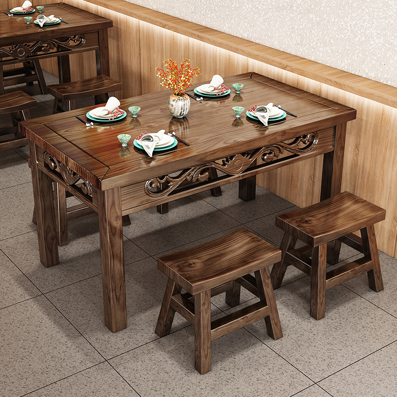 全实木桌饭店快餐桌椅可定制仿古雕花火锅烧烤小吃店碳化桌椅组合