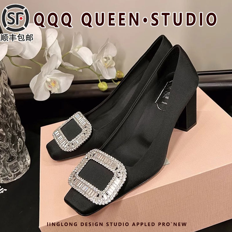 Right Video2025秋冬加绒RV丝绸缎水钻工作鞋高跟方头单鞋女婚鞋 - 图1