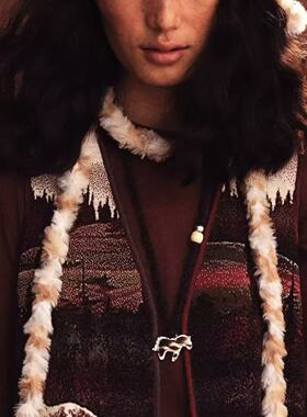 长款斑马纹毛线项链女秋冬轻奢复古高级感波西米亚风毛衣链吊坠