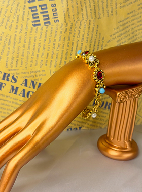 中古vintage镶嵌蓝松石琉璃铜镀真金波西米亚手链