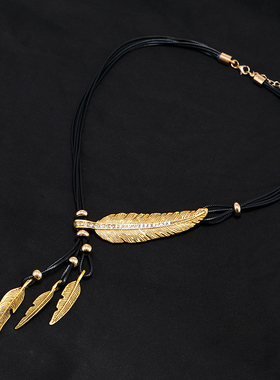 气质复古羽毛叶子镶钻毛衣链女