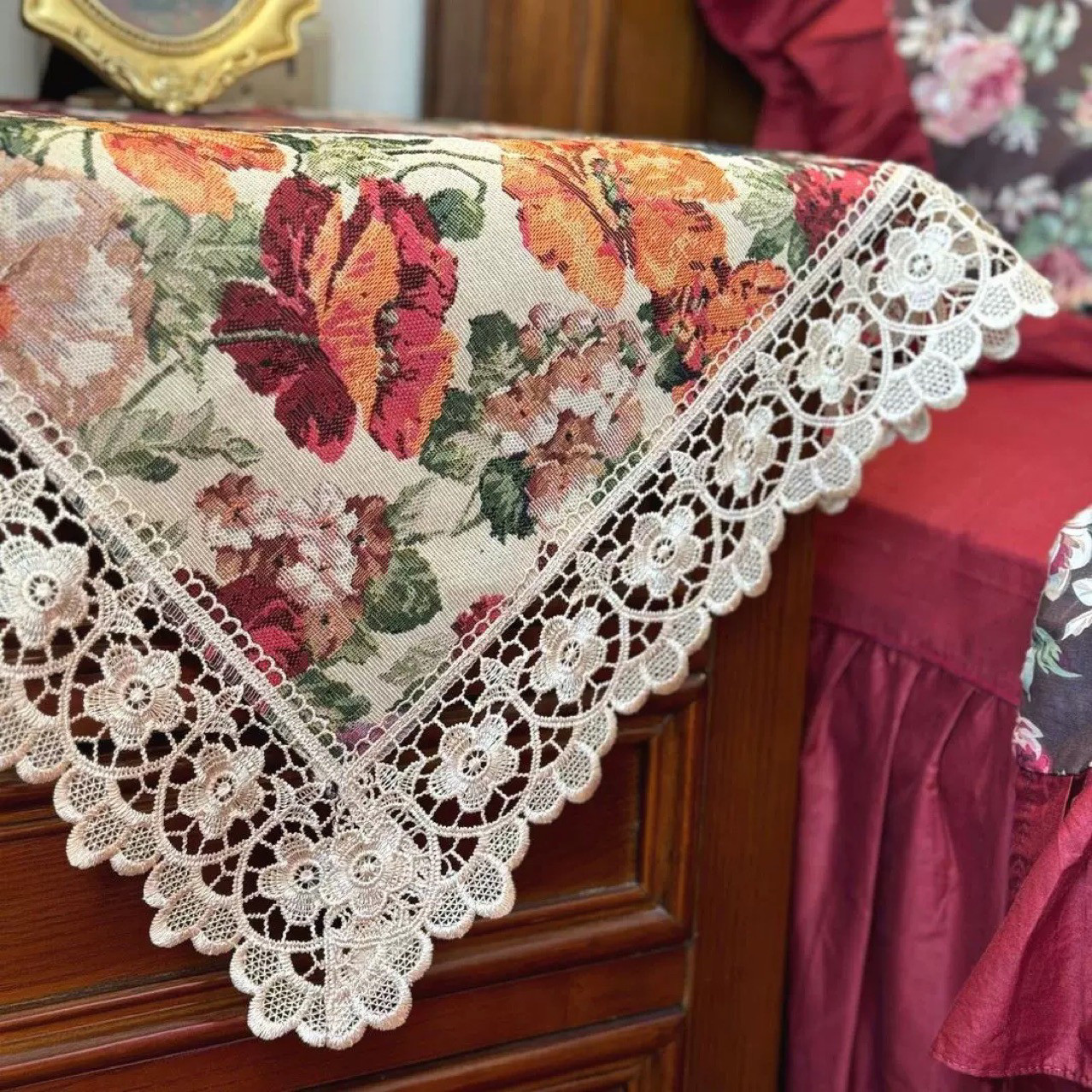 美式复古花卉蕾丝边床头柜盖巾边几布床头柜万能盖巾边几柜多用,淘宝优惠券,粉丝福利购,淘宝优惠卷