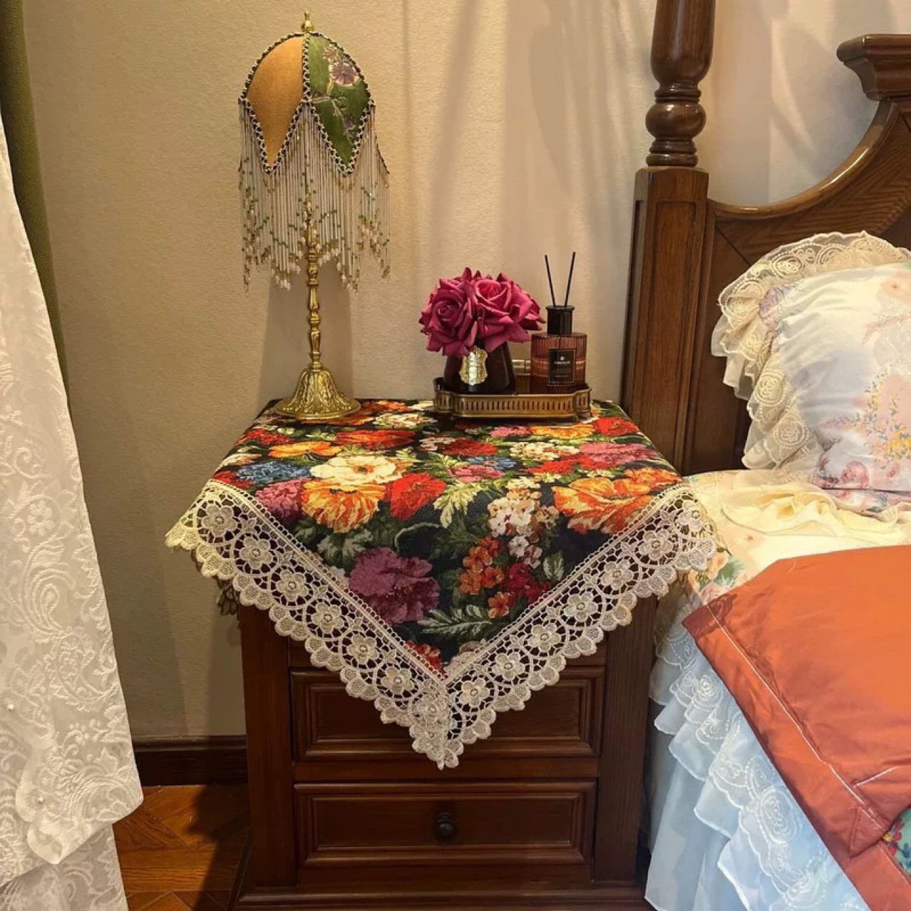 美式复古花卉蕾丝边床头柜盖巾边几布床头柜万能盖巾边几柜多用,淘宝优惠券,粉丝福利购,淘宝优惠卷