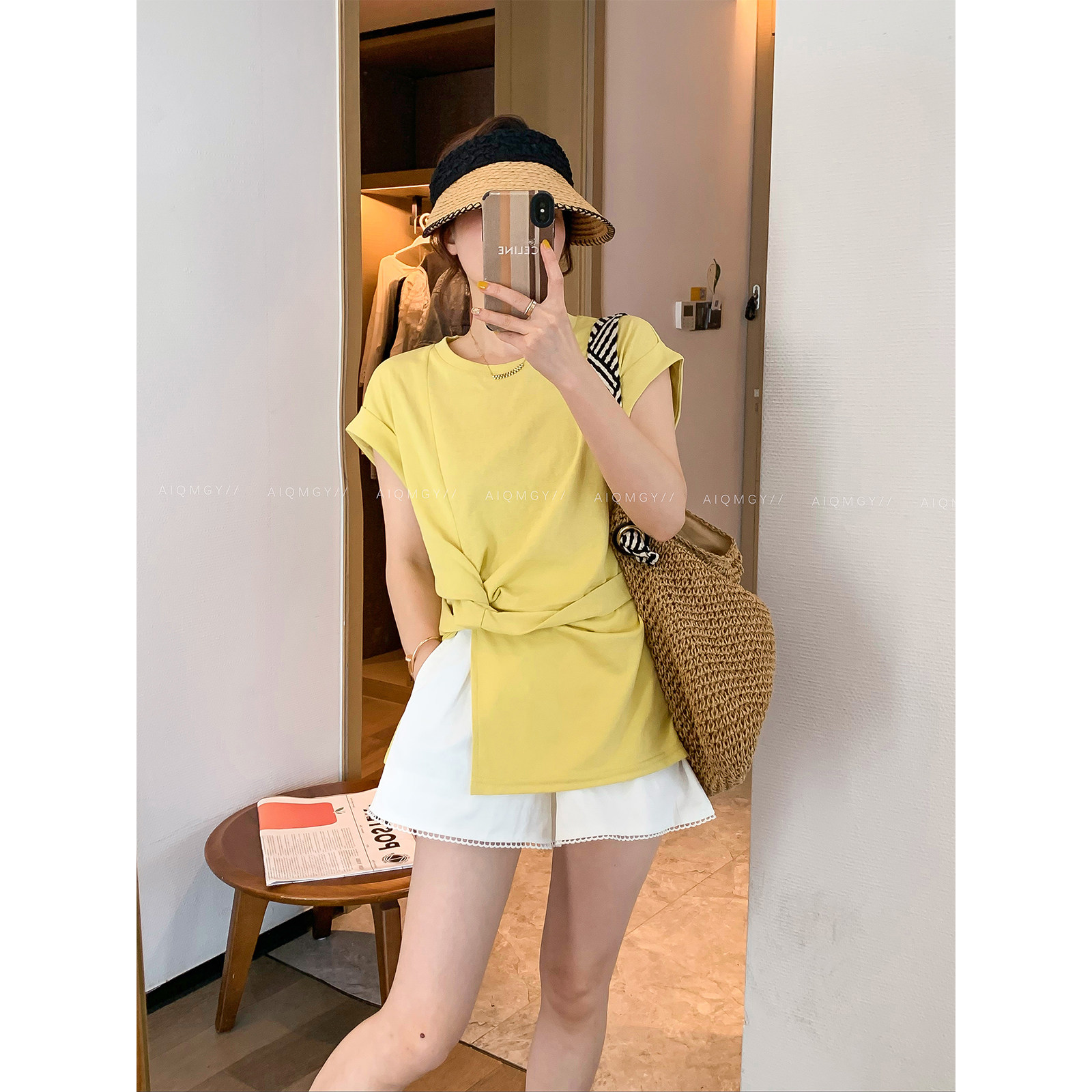 爱情魔鬼鱼 纯色短袖不规则开叉扭结T恤女2025年夏季新款显瘦上衣,淘宝优惠券,粉丝福利购,淘宝优惠卷