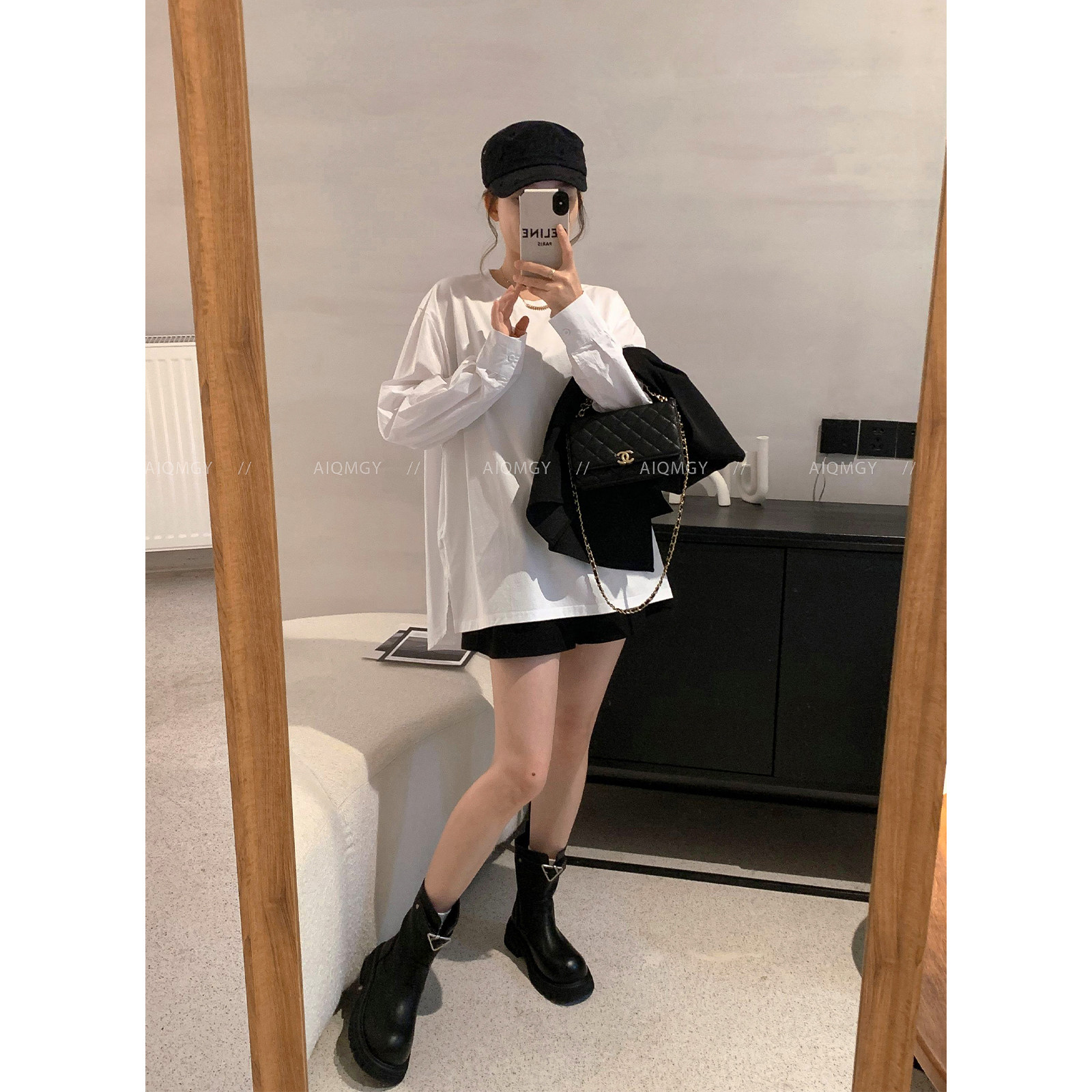 爱情魔鬼鱼 白色圆领长袖开叉衬衫女2025年秋季新款宽松休闲上衣