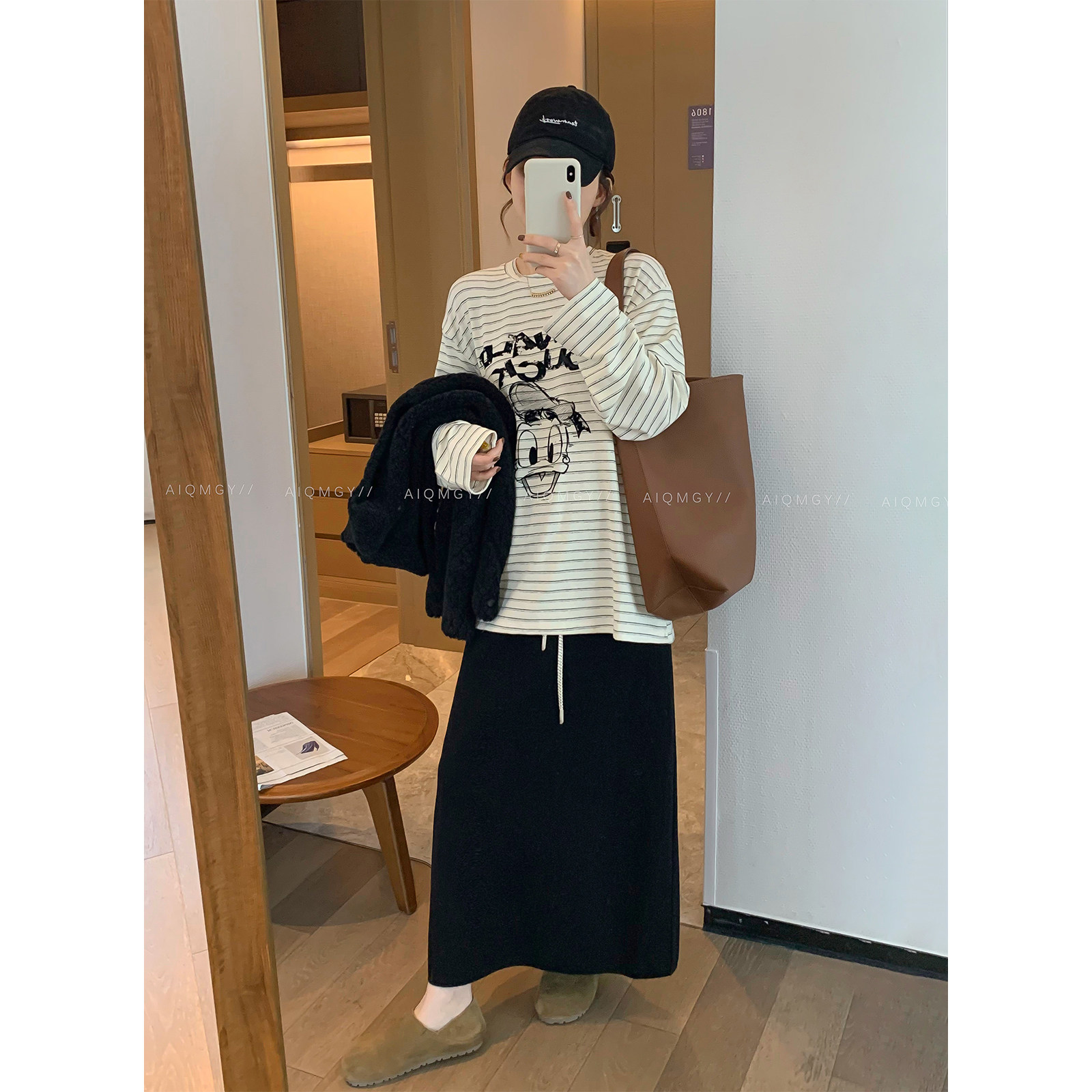 爱情魔鬼鱼 条纹字母卡通长袖T恤女2025秋冬新款慵懒风中长款上衣,淘宝优惠券,粉丝福利购,淘宝优惠卷