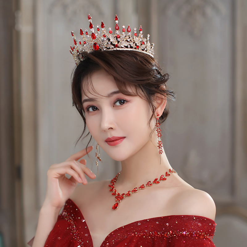 红色皇冠欧式奢华大气新娘头饰中式礼服敬酒服婚纱结婚成年礼王冠 - 图1