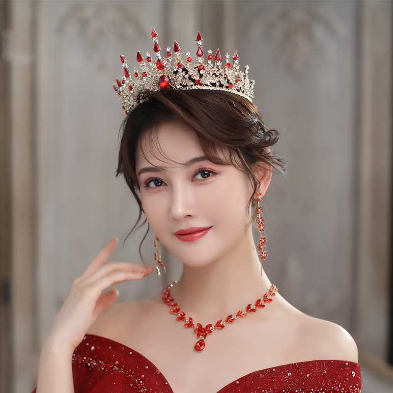 红色皇冠欧式奢华大气新娘头饰中式礼服敬酒服婚纱结婚成年礼王冠 - 图0