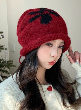 韩系复古冬季保暖花朵堆堆帽子女护耳针织冷帽百搭显脸小包头帽