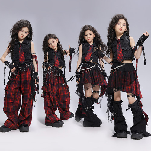 泫雅风女孩街舞演出服套装女童嘻哈格子半裙JAZZ表演爵士舞练功服 - 图2