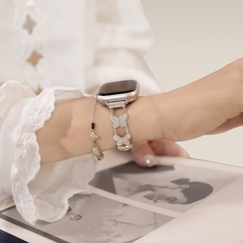 宣人蝴蝶镶钻表带适用苹果手表表带applewatch表带iwatchS11s10/9/8/7se2代金属细款表带女手链 - 图3