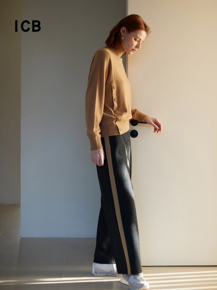 ICB日系秋冬季通勤职业纯羊毛直筒厚长裤拼条休闲阔腿裤商场同款,淘宝优惠券,粉丝福利购,淘宝优惠卷