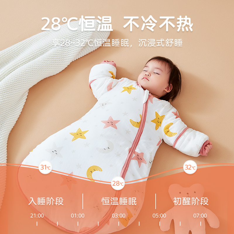婴儿睡袋纯棉加厚秋冬款宝宝纱布一体式新生幼儿睡觉恒温防踢被子