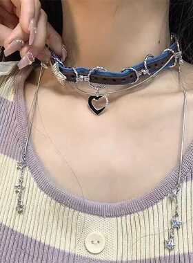 星星爱心项链女甜酷风choker颈链y2k朋克重工牛仔皮革项圈锁骨链